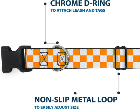 Buckle-Down Plastic Clip Collar - Checker White/TN Orange, 1" Wide, Fits 15-26" Neck