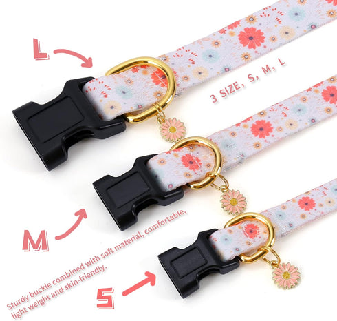 Cotton Handmade Dog Collar - Beige Daisy with Pendant for Small Medium Large Dogs, Cute Ideal for Girl Boy Dogs, Large