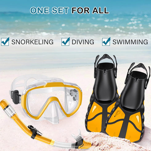 Snorkel Set with Fins for Adults, Snorkeling Gear Combo Set with Dry Top Snorkel Mask and Travel Bag for Diving,
