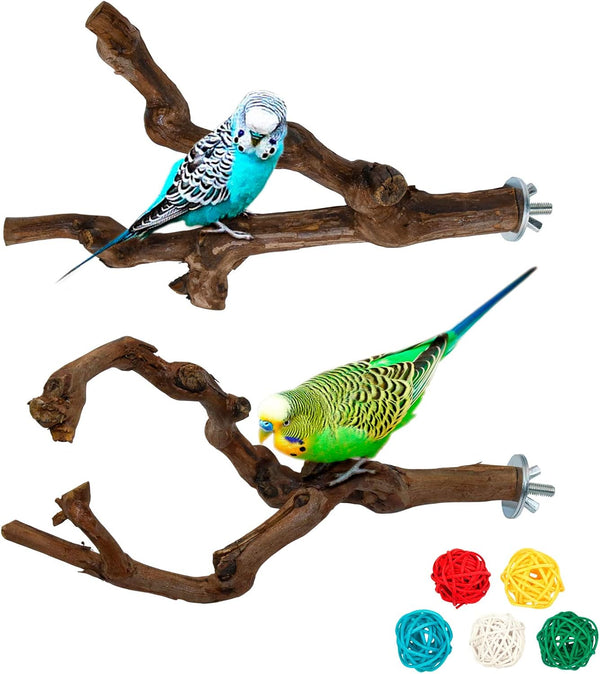 2 Packs Parrot Bird Perches - Natural Wild Grape Stick Grinding Paw Climbing Cage Accessories Toy for 3-4 Parakeets