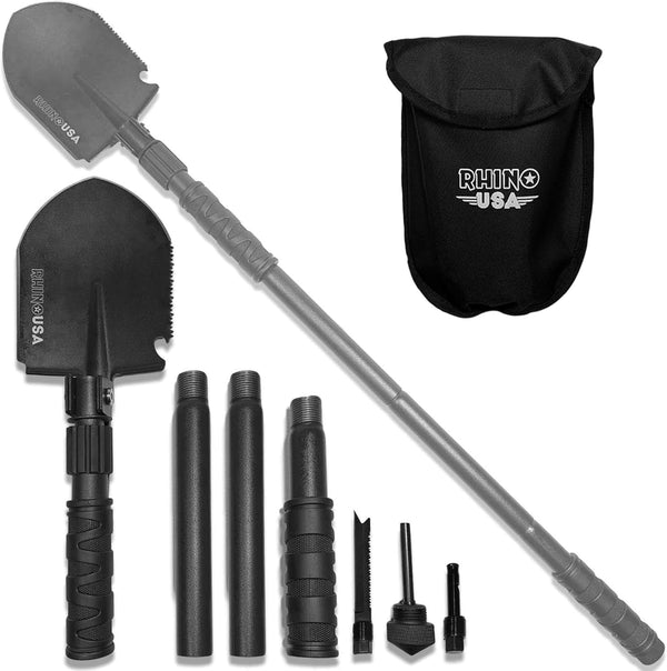 Rhino USA Survival Shovel with Pick - Heavy Duty Carbon Steel Entrenching Tool for Off Road, Camping, and Gardening