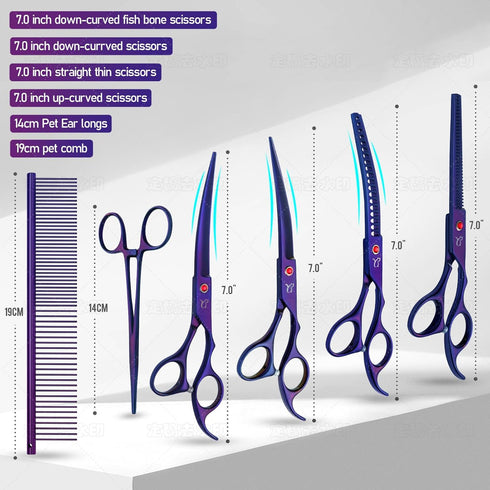 6 1 Dog Grooming Scissors,Purple Curved Chunkers Shears with Safety Round Tips,Sharp and Durable in Dog Scissors