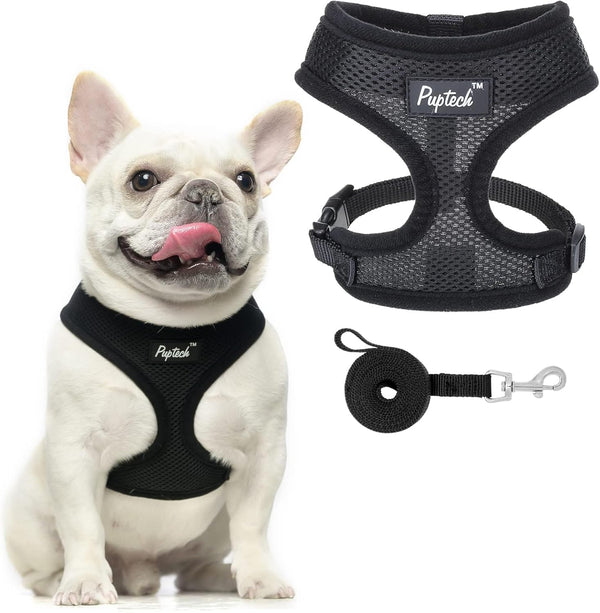 PUPTECK Soft Mesh Dog Harness and Leash Set - Comfort Padded Vest No Pull Harnesses for Pets, Solid Black, M