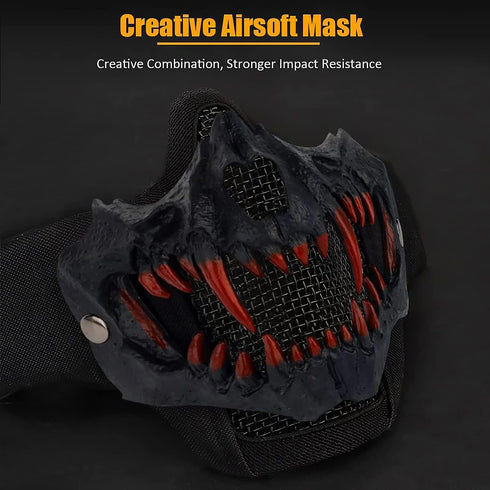 Tactical Half Face Skull Masks for Airsoft, Mesh Mask with Ear Protection for Halloween Paintball Hunting