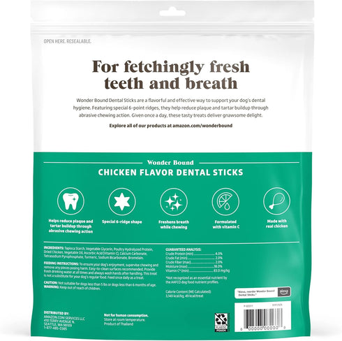 Amazon Brand - Wonder Bound Chicken Flavor Dental Sticks for Small/Medium Dogs (15-40 lbs), 6-Ridge Shape for Plaque & Tartar Control, Freshens Breath, Made With Real Chicken, 45 Count (Pack of 1)