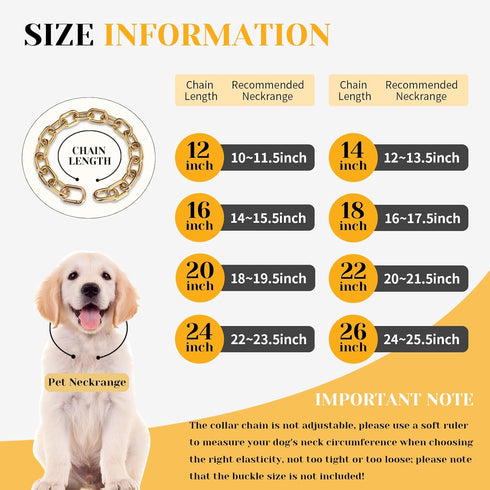 18K Gold Plated Long Link Dog Necklace - Light Metal Chain Fashion Collar for Large Dogs, 5MM Width (24")