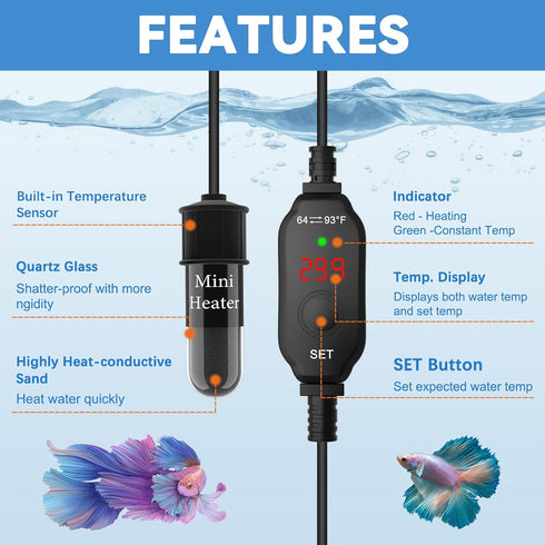 Small Submersible Adjustable Aquarium Heater, Mini Fish Tank Heater 10W with External Temperature Controller