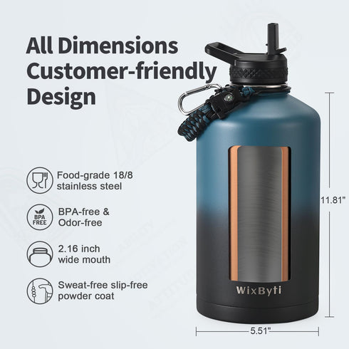 One Gallon Insulated Water Bottle with DIY Stickers, 128oz Large Sports Stainless Steel Jug, Triple Wall Vacuum Cold