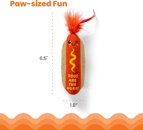 Catstages Hotdog Kicker Toy with Catnip and Dental Mesh, Hot Dog Shape, Plush and Feather Cat Toy for Kicking, Tossing