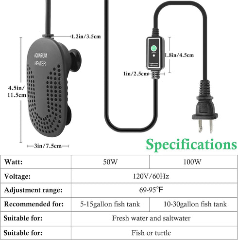 HITOP 100W Mini Adjustable Aquarium Heater: Digital Fish Tank Heater with Protective Cover and Controller for 5-30Gallon