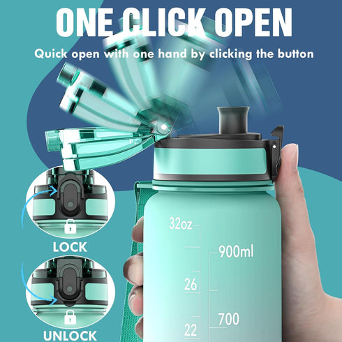 OLDLEY Water Bottles, 32oz - Motivational Sports Water Bottle with Time Marker, Tritan, BPA Free, Wide Mouth, Bubble Gum