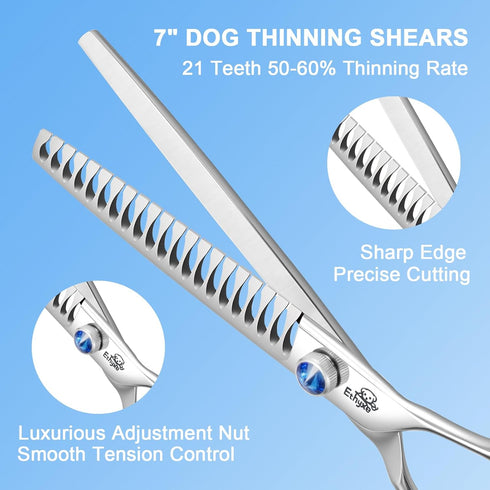 7" 21-Teeth Trimming Chunkers Dog Grooming Scissors, Professional Texturizing Blending Thinning Shears Pets Hair Kit
