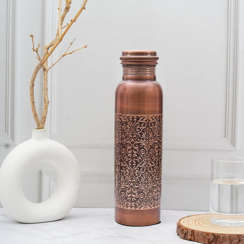 VJR Copper Bottle 33 Oz for Drinking Water Ayurvedic Leak Proof Floral Engraved Design