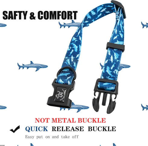 Elegant Little Tail Adjustable Dog Collar, Soft Puppy Collar with Quick Release Buckle, Shark Print
