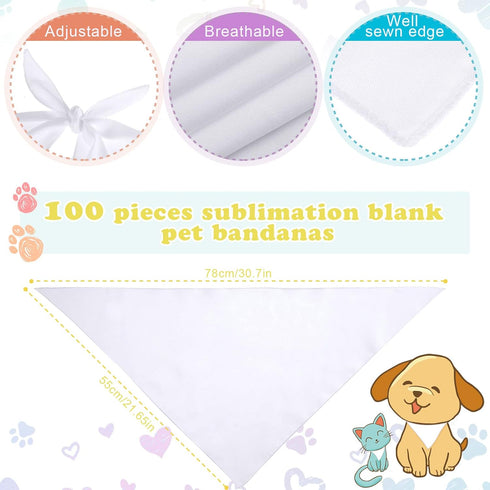 100 White(30.71 21.65 Inch) Kacctyen Pcs Sublimation Blank Dog Bandanas Heat Transfer Washable Triangle Scarf DIY