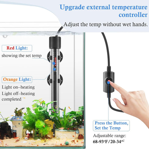 HITOP Thickened Glass Aquarium Heater: 50W 100W 300W Upgraded with Controller for Seawater/Fresh Water 5-65Gal