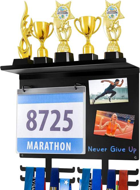 Moxweyeni Race Medal and Bib Display with Trophy Shelf, Wall Mounted Photo