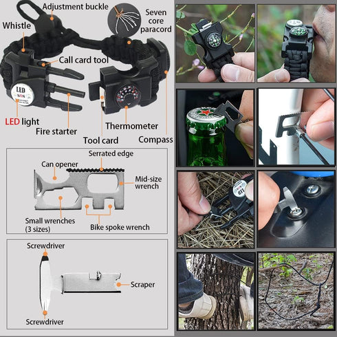 Survival Paracord Bracelet - 20 in 1 Tactical Survival Gear Set with Fire Starter, Waterproof SOS Light