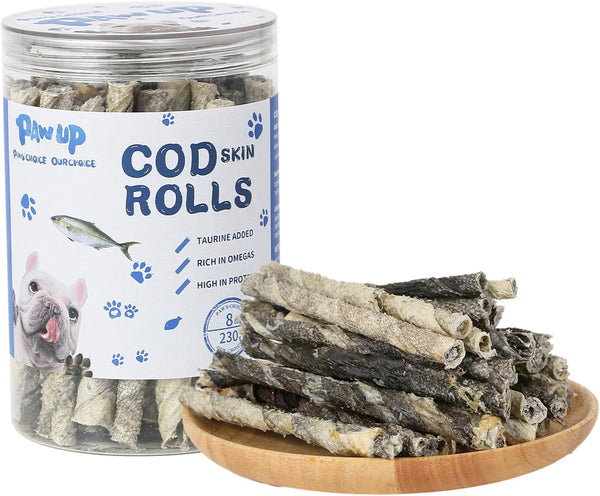 Cod Skin Rolls Dog Treats - Natural High Omega 3 Snacks, Single Ingredient Cod Skin Chews for Small Dogs