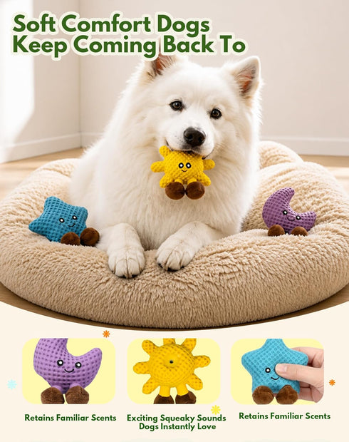 3-in-1 Set: Deeow Dog Toys Star, Moon & Sun Plush Squeaky Pet Toys, Super Soft for Calming Play Enrichment, Best