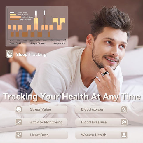 PJIVE Counter, IP68 (Black,Size10 Smart Ring for Men, Fitness & Activity Tracker with Blood Pressure/Heart Rate