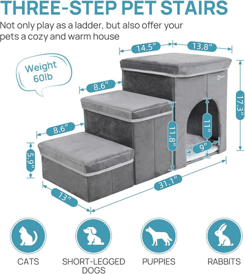 Foldable Pet Stairs for Beds & Sofas - Non-Slip Dog Steps with Storage for Small to Medium Dogs & Cats, 120 lbs Support
