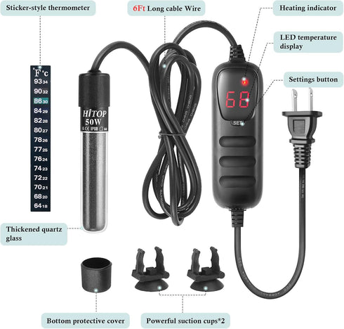 HITOP Mini Submersible Aquarium Heater, 50W Digital Heater for 5-15 Gallon Fish Tank
