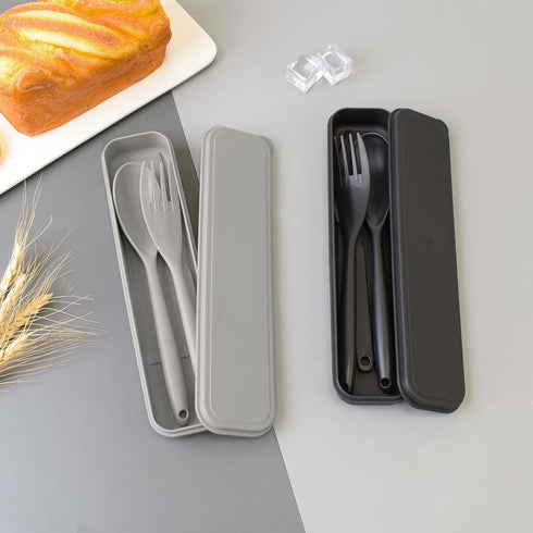 Large Reusable Utensils Set with Case, 2 Sets Portable Cutlery for Adults, Travel Fork Spoon Knife (Grey, Black)