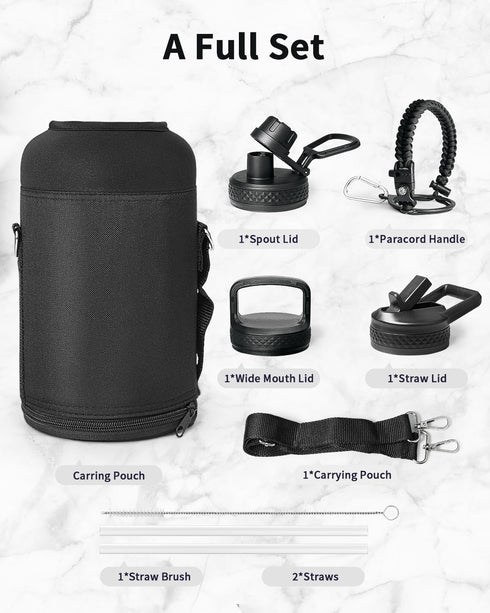 Trebo 64oz Half Gallon Water Bottle - Insulated Double Wall Stainless Steel Sports Flask with Paracord Handle, Black