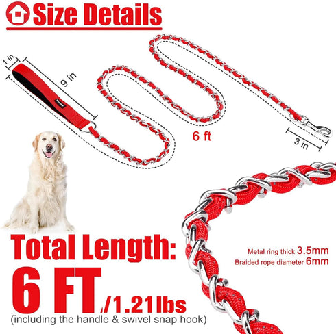 Homimp Reflective Chain Dog Leash, Chew Proof Metal Leash for Large Dogs, 6 FT with Soft Padded Handle (Red)