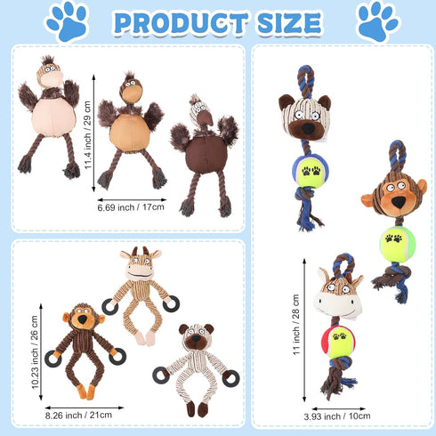 Honoson 9 Pcs Cute Durable Plush Dog Teething Toys, Soft Squeaky Stuffed Animal Chew Toys for Small & Medium Dogs