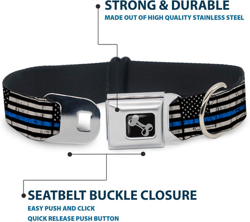 Dog Collar Seatbelt Buckle - Thin Blue Line Flag Weathered Black Gray Blue, 11 to 17 Inches, 1.0 Inch Wide