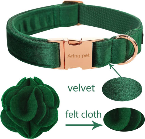 ARING PET Velvet Dog Collar - Cute Christmas Collar with Felt Flower, Adjustable Green Collar with Metal Buckle for