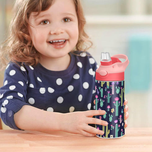 Wfrish 12 oz Cactus Flower Kids Water Bottle with Straw Lid Insulated Stainless Steel Travel Tumbler BPA-Free Pink