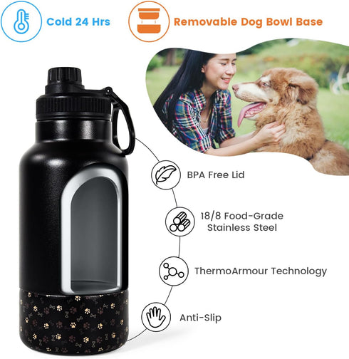 AGH Dog Water Bottle, 32oz Portable Bottle with Detachable Bowl for Food Feeding, Stainless Steel for Travel (Black)