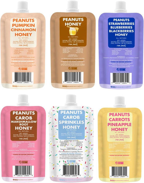 6 Pack Packs, 100% (4oz Packs) BUDDY BUDDER Mixed Flavor Squeeze Natural Dog Peanut Butter, Healthy Peanut Butter Dog
