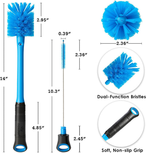 2-in-1 MOSOLAN Water Bottle Brush and Straw Cleaner Brush, Long Handle Scrub Brush with Replaceable Head for Water