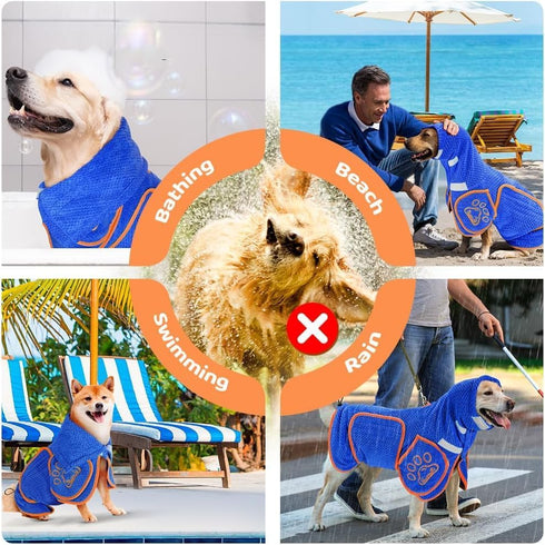 2XL) SlowTon Dog Bathrobe Drying Coat Super Absorbent Microfiber Towel Wrap with Adjustable Collar & Belly Strap, Fast