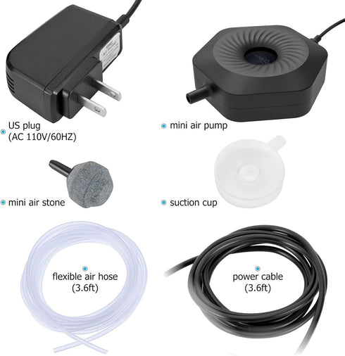 hygger Ultra Silent 1.5W Mini Air Pump for Fish Bowl Aquarium, Oxygen Aerator Kit for 0.5-15 Gallon Tanks