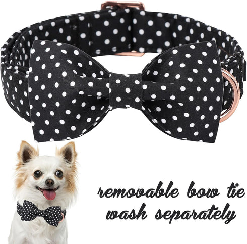 Unique Style Paws Cotton Dog Collar with Bow, Black White Round Dot for Small Medium Large Boys Girls
