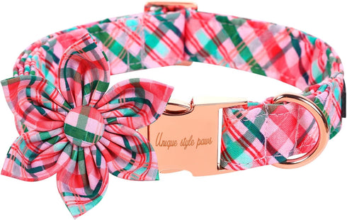 Unique Style Paws Dog Collar with Flower, Pink & Green Plaid, Best Gifts for Small Medium Large Dogs - XL