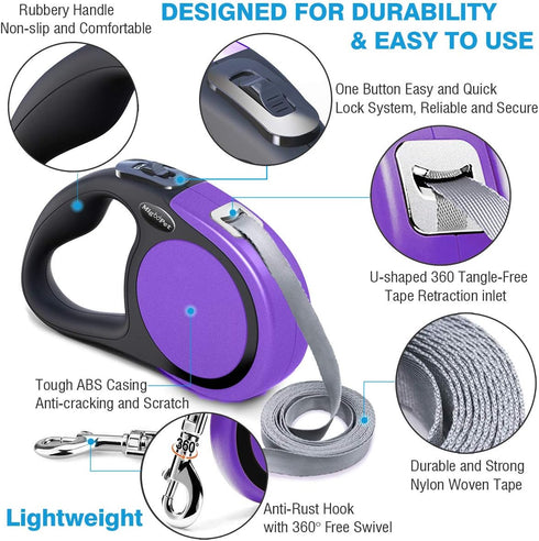 Heavy Duty Retractable Dog Leash, 16ft for S to L Dogs up to 45/115 lbs, Upgraded Lock System, Purple