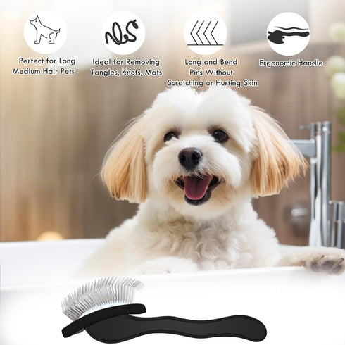 Dog Slicker Brush, Long Pin Grooming Brush for Medium or Long Haired Dogs, Removes Loose Hair, Tangles, Black