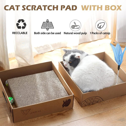 2 Pack Cat Scratcher Box with 3 PCS Scratching Pads, Reversible Cardboard Lounge Bed with Feather Toy