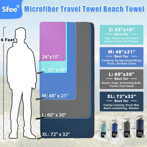 2 Pack Backpacking, Sfee Microfiber Travel Towel, Quick Dry Beach CampingTowel Super Absorbent Compact Lightweight