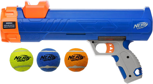 Nerf Dog 12in Blaster without Ball Clip - 3 Squeak Tennis Balls, Opaque Blue/Orange/Gray, Orange, Blue, Green