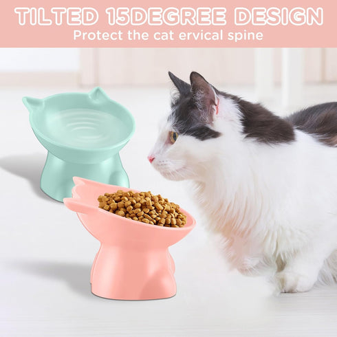 2 Pcs Plastic Elevated Cat Bowls, Tilted Cat Food and Water Bowls for Kittens, Pink and Green Cat Accessories