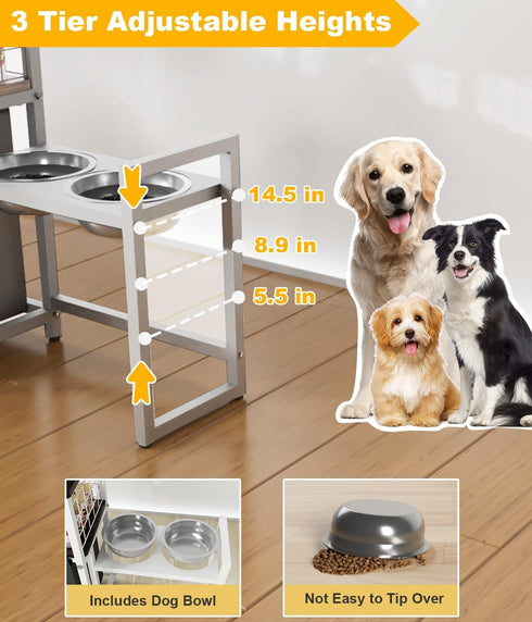 Elevated Dog Bowls with Toy Basket - Adjustable Pet Feeding Station for Large Medium Small Dogs, White