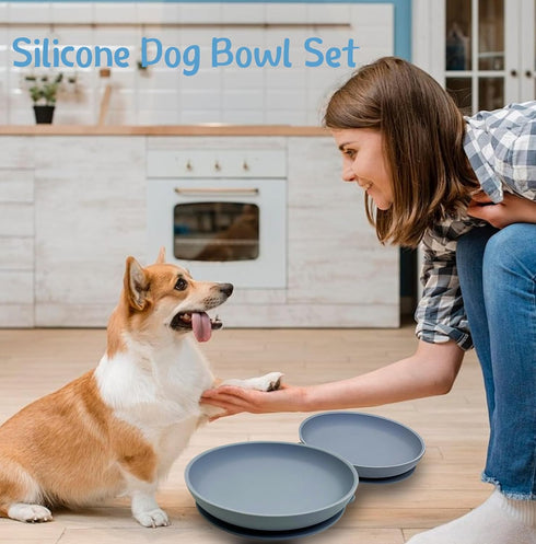 Silicone Dog Bowl Set of 2, 7.7in No Spill Puppy Food and Water Dish, Non-Tippable Feeding Bowls for Small & Medium Pets