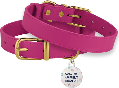 BRONZEDOG Leather Dog Collar with QR ID Tag, Basic Pet Collars for Small Mini Dogs Cats Puppies (7-9 Inch (Pack of 1),